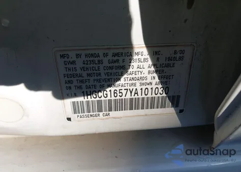 2000 Honda Accord 3.0 Ex from USA, damaged, VIN 1HGCG1657YA101030